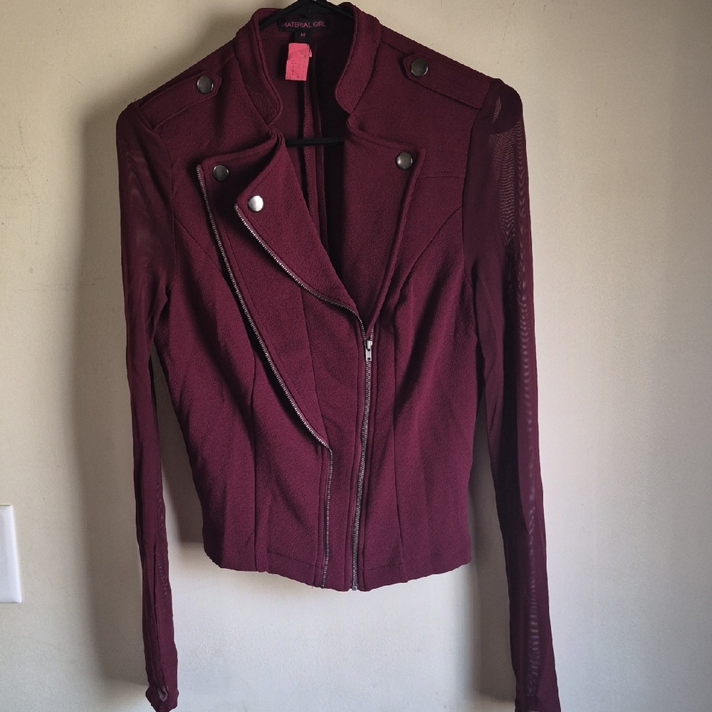 Material Girl Maroon Asymmetrical Zip Moto Jacket Top Sheer Sleeves